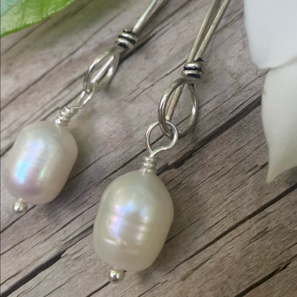 SOLD Pearl White Barrel Earrings.SS Twisted ear wire. Jewelry Store Quality - Picture 2 of 11